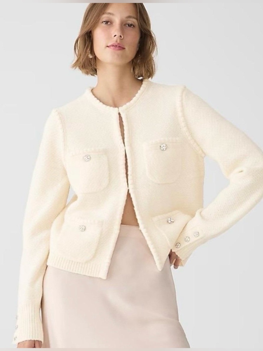 J.Crew Cream Odette Sweater Lady Cardigan Crystal Embellished Wool Alpaca M